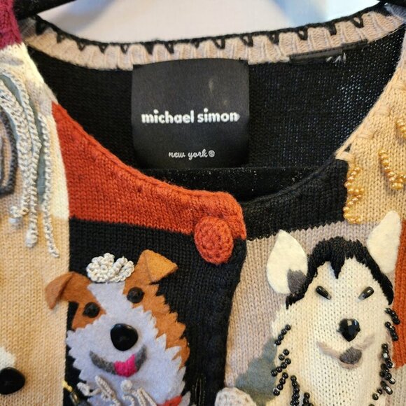 VINTAGE MICHAEL SIMON DOG EMBELLISHED CARDIGAN SWEATER, MULTI-COLOR, SIZE SMALL - Picture 2 of 15